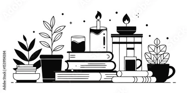 Fototapeta Minimalist black and white vector illustration featuring books candles plants and a cup ideal for relaxing time or summer vacation projects with artistic decorative elements.