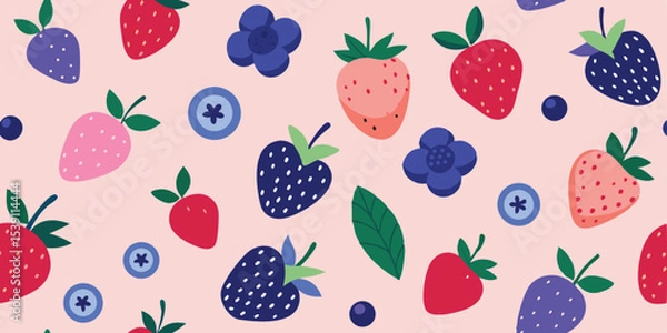 Fototapeta Playful and colorful summer vacation illustration set featuring strawberries blueberries and artistic floral elements on a light pink backdrop