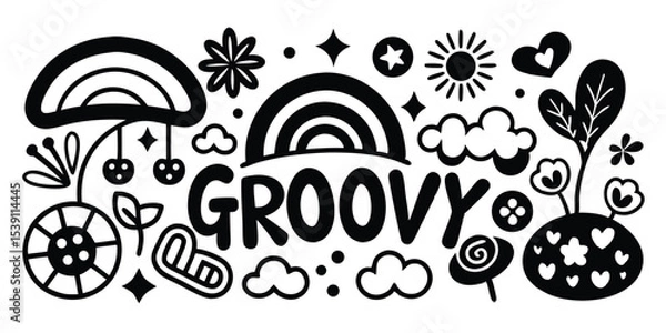 Fototapeta Playful black and white groovy illustration featuring rainbows sun clouds hearts stars and other decorative elements perfect for summer vacation design projects