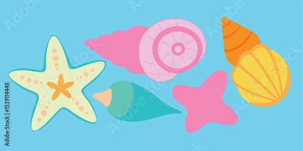 Fototapeta Playful and vibrant illustration of starfish seashells and other marine elements perfect for any summer vacation illustration set