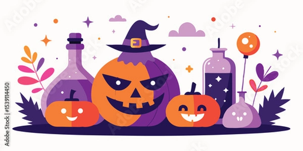 Fototapeta Playful and festive halloween summer vacation illustration set with pumpkins, witch hat, bottles, and decorative elements on a white background