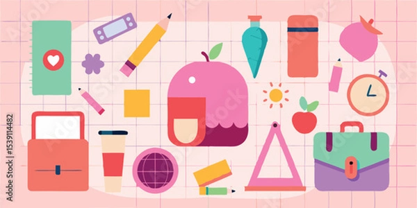 Fototapeta Playful flat vector illustration of school and summer vacation related items against a soft grid background for diverse design applications