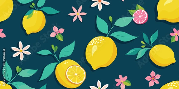 Fototapeta Playful illustration of vibrant lemons with flowers and green leaves creating a seamless pattern perfect for summer vacation graphic design.