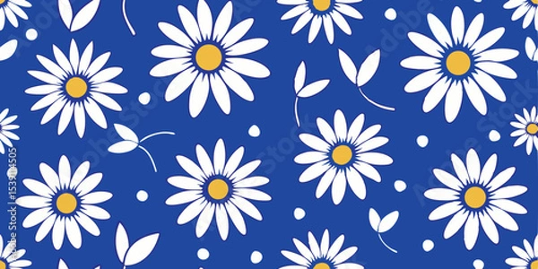 Fototapeta Repeating pattern of white daisy flowers and leaves with yellow center accents on a vibrant blue background for summer vacation illustration set.