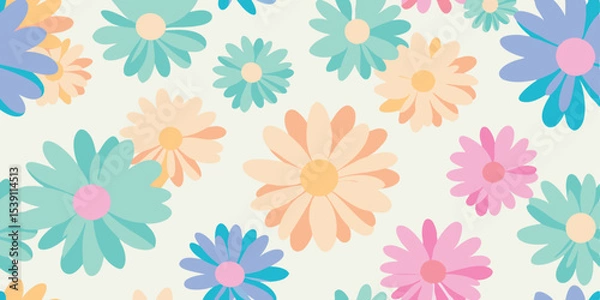 Fototapeta Seamless pattern design featuring playful floral arrangements in soft pastel colors perfect for creating various creative summer vacation illustration set projects.