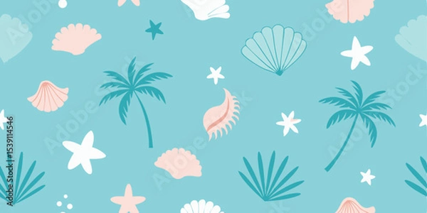 Fototapeta Seamless pattern featuring summer elements with shells starfish and palm trees perfect for digital design summer vacation illustration set