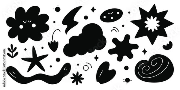 Fototapeta Unique abstract black shapes and elements arranged in a whimsical artistic composition ideal for a modern summer vacation illustration set design concept.