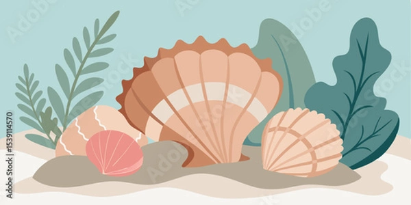 Fototapeta Stylized coastal illustration featuring seashells and foliage depicting summer vacation vibes suitable for various design projects