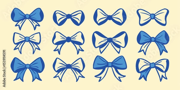 Fototapeta Twelve elegant blue bow illustrations in various styles ideal for summer vacation projects and embellishments suitable for design purposes.