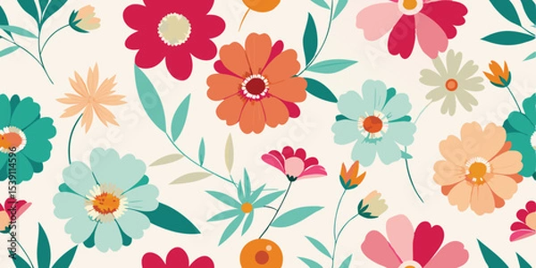 Fototapeta Vibrant and colorful floral pattern seamlessly repeating on a white background perfect for textile designs and various decorative applications