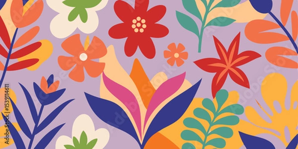 Fototapeta Vibrant and colorful botanical illustration featuring flowers and leaves designed for summer vacation themes and various design projects