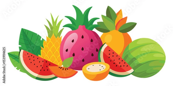 Fototapeta Vibrant and colorful tropical fruit composition displaying pineapple watermelon dragon fruit and papaya ideal for summer vacation illustration set