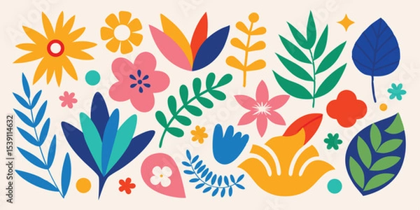 Fototapeta Vibrant and playful collection of hand-drawn floral and foliage elements perfect for a summer vacation illustration set design projects
