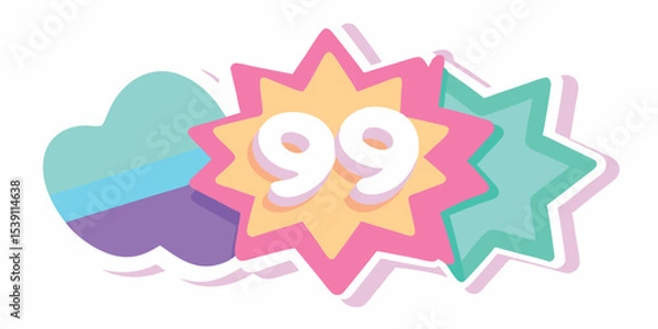 Fototapeta Vibrant and playful digital illustration featuring the number 99 centered within eye catching starburst shapes and a cloud design perfect for a summer vacation illustration set.