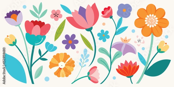 Fototapeta Vibrant and playful vector illustration featuring a collection of stylized colorful flowers and greenery elements perfect for summer vacation projects