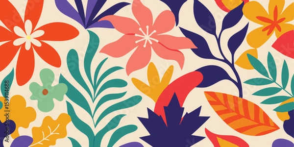 Fototapeta Vibrant botanical illustration featuring stylized flowers and leaves, perfect for a seamless pattern and ideal for your summer vacation illustration set.
