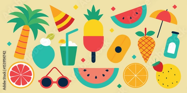 Fototapeta Vibrant summer vacation illustration set featuring fruits beach accessories and refreshing drinks on a white background