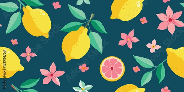 Fototapeta Vibrant seamless pattern featuring lemons and floral elements perfect for summer vacation illustration set and various design applications.
