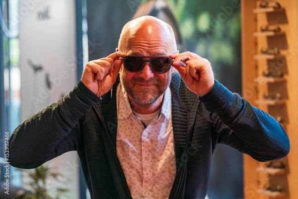Obraz Happy man with bald head and sun glasses at shop 