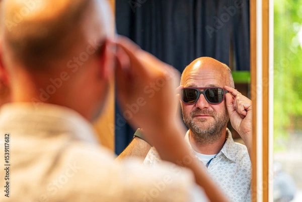 Obraz Happy man with bald head and sun glasses at shop 