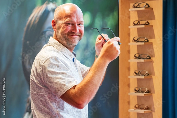 Obraz Happy man with bald head and sun glasses at shop 