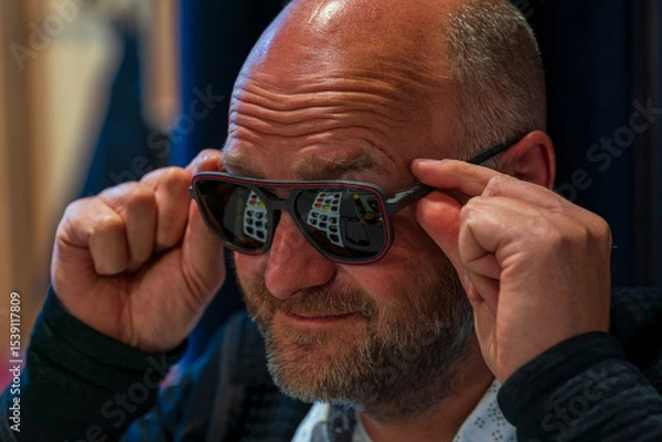 Obraz Happy man with bald head and sun glasses at shop 