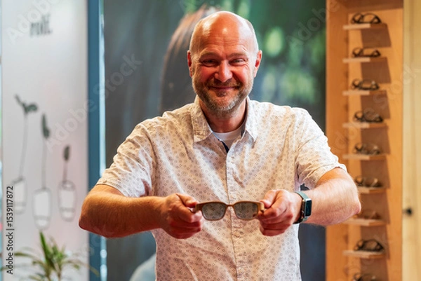 Obraz Happy man with bald head and sun glasses at shop 