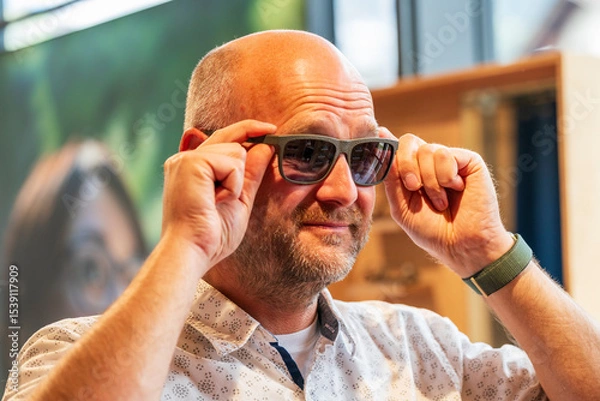 Obraz Happy man with bald head and sun glasses at shop 