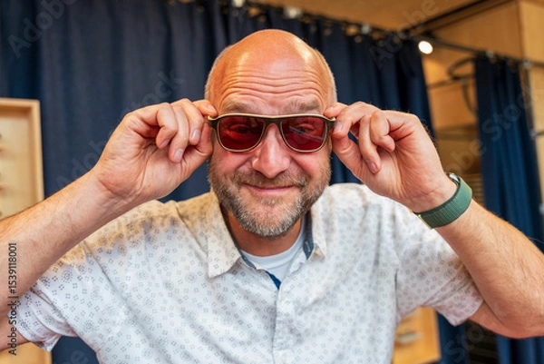 Obraz Happy man with bald head and sun glasses at shop 