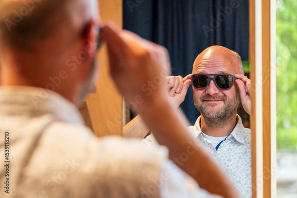 Obraz Happy man with bald head and sun glasses at shop 