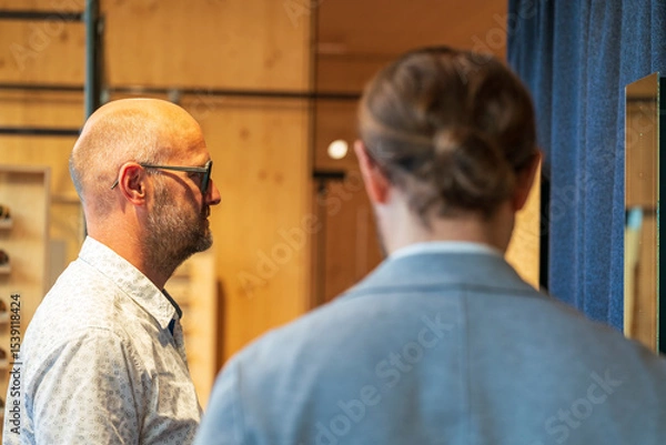 Obraz Happy man with bald head and sun glasses at shop 