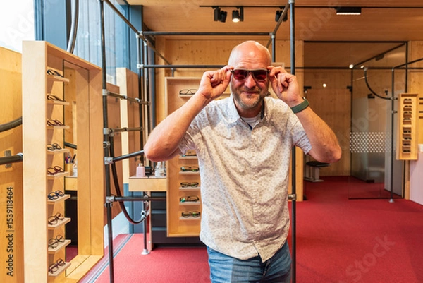Obraz Happy man with bald head and sun glasses at shop 