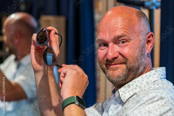 Obraz Happy man with bald head and sun glasses at shop 