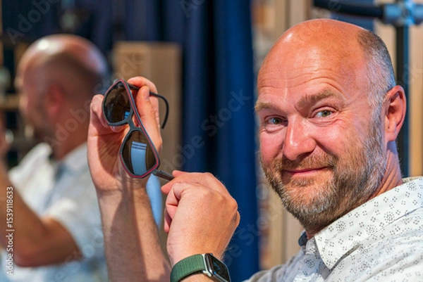 Obraz Happy man with bald head and sun glasses at shop 