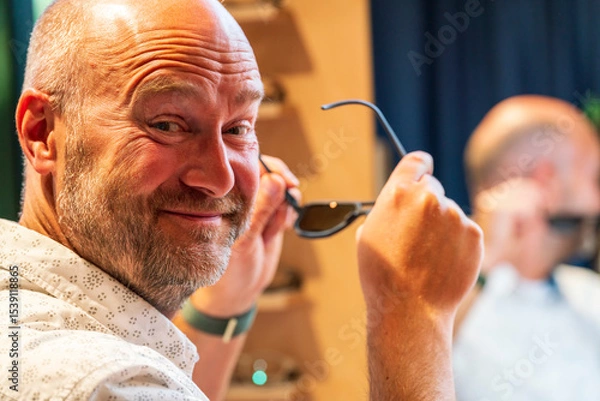 Obraz Happy man with bald head and sun glasses at shop 