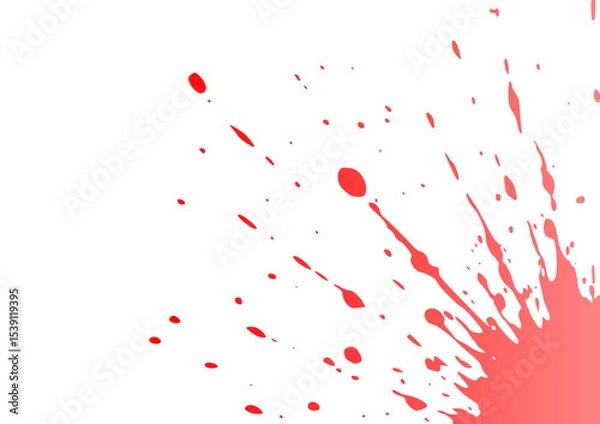 Fototapeta Bright red paint splatter on a white background, radiating outward with varying sizes of droplets and a bold central explosion.