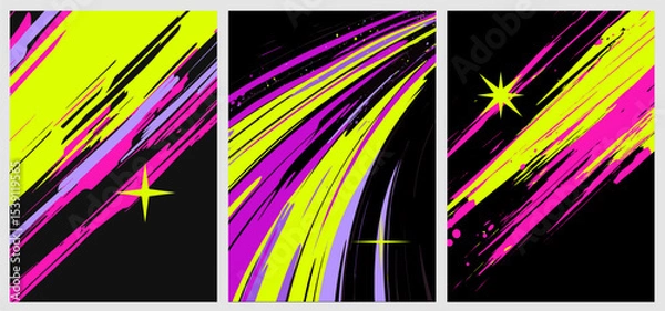 Obraz Vector illustration in modern Y2K and synthwave style with neon yellow, pink, purple, and black. Features abstract dynamic brush strokes and star shapes. Bold, energetic, and trendy geometric forms.