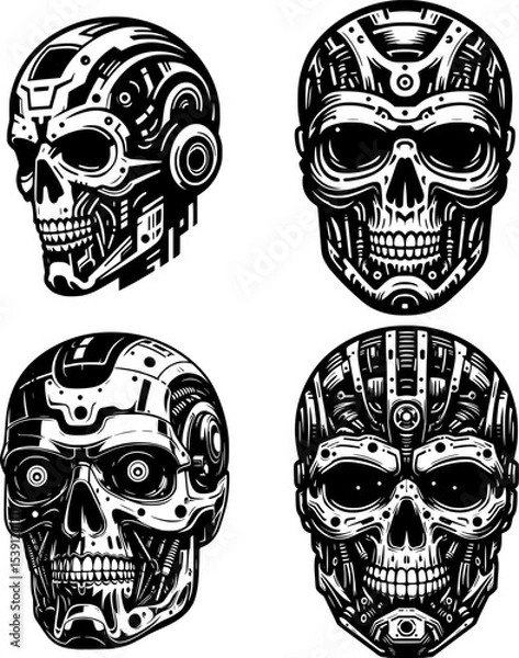 Fototapeta set of black and white cyborg skull vector with clean lines and bold contrast, ideal for tattoos.