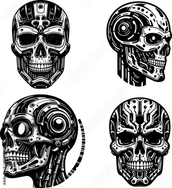 Obraz set of black and white cyborg skull vector with clean lines and bold contrast, ideal for tattoos.
