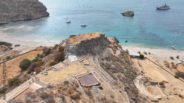 Obraz Aerial drone photo of archaeological seaside site of ancient Karthaia featuring Doric temple of Pythian Apollo, theatre and crystal clear beach of Polles in island of Kea, Aegean Sea, Cyclades, Greece