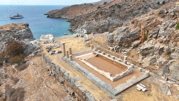 Obraz Aerial drone photo of archaeological seaside site of ancient Karthaia featuring Doric temple of Pythian Apollo, theatre and crystal clear beach of Polles in island of Kea, Aegean Sea, Cyclades, Greece