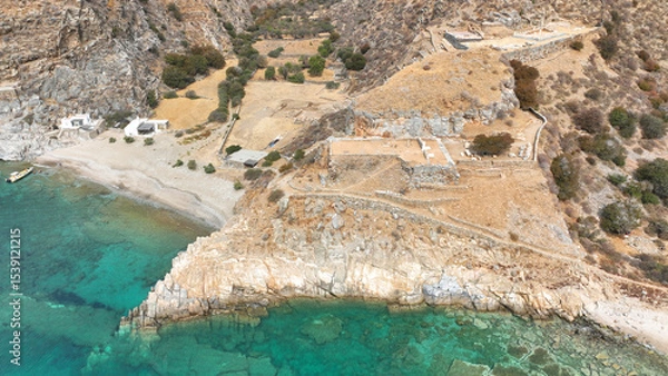 Obraz Aerial drone photo of archaeological seaside site of ancient Karthaia featuring Doric temple of Pythian Apollo, theatre and crystal clear beach of Polles in island of Kea, Aegean Sea, Cyclades, Greece