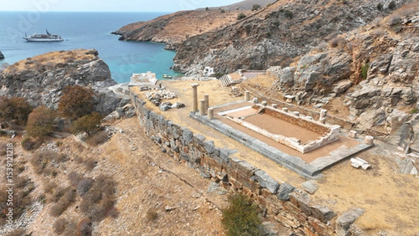 Obraz Aerial drone photo of archaeological seaside site of ancient Karthaia featuring Doric temple of Pythian Apollo, theatre and crystal clear beach of Polles in island of Kea, Aegean Sea, Cyclades, Greece