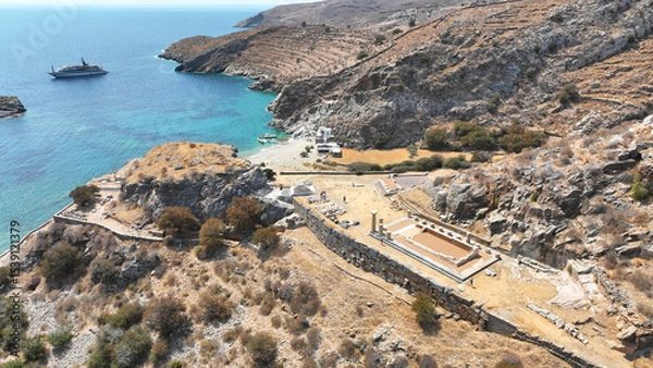 Obraz Aerial drone photo of archaeological seaside site of ancient Karthaia featuring Doric temple of Pythian Apollo, theatre and crystal clear beach of Polles in island of Kea, Aegean Sea, Cyclades, Greece