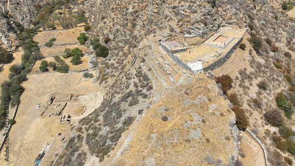 Obraz Aerial drone photo of archaeological seaside site of ancient Karthaia featuring Doric temple of Pythian Apollo, theatre and crystal clear beach of Polles in island of Kea, Aegean Sea, Cyclades, Greece
