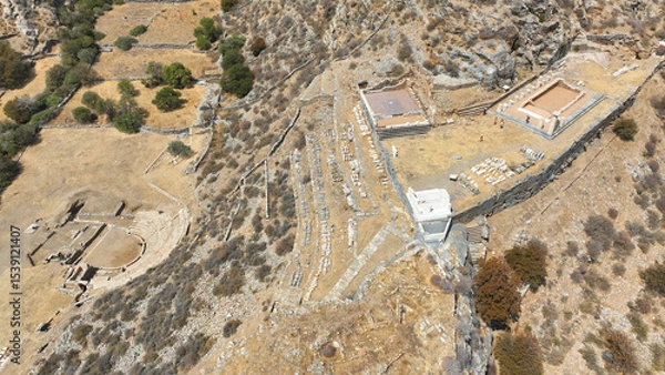 Obraz Aerial drone photo of archaeological seaside site of ancient Karthaia featuring Doric temple of Pythian Apollo, theatre and crystal clear beach of Polles in island of Kea, Aegean Sea, Cyclades, Greece