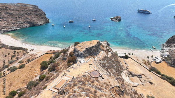 Obraz Aerial drone photo of archaeological seaside site of ancient Karthaia featuring Doric temple of Pythian Apollo, theatre and crystal clear beach of Polles in island of Kea, Aegean Sea, Cyclades, Greece