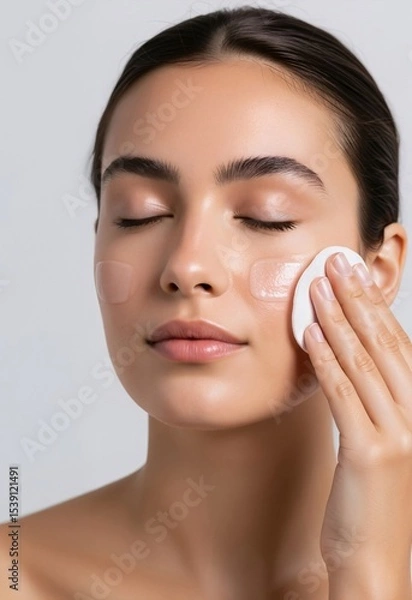 Fototapeta Woman applying a moisturizing gel mask to her face with a cotton pad. Hydrating facial treatment for perfect skin. Skincare and cosmetology beauty procedure at a spa