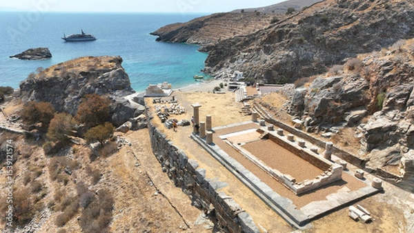 Obraz Aerial drone photo of archaeological seaside site of ancient Karthaia featuring Doric temple of Pythian Apollo, theatre and crystal clear beach of Polles in island of Kea, Aegean Sea, Cyclades, Greece