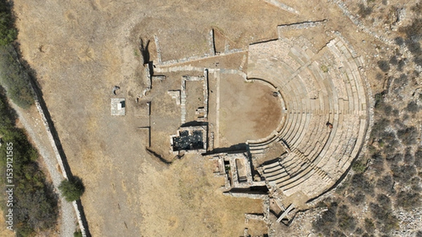 Obraz Aerial drone photo of archaeological seaside site of ancient Karthaia featuring Doric temple of Pythian Apollo, theatre and crystal clear beach of Polles in island of Kea, Aegean Sea, Cyclades, Greece